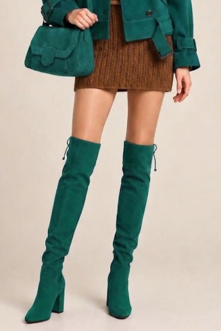 Women's emerald green custom-made thigh-high boots with round toe and high block heel - Worn view